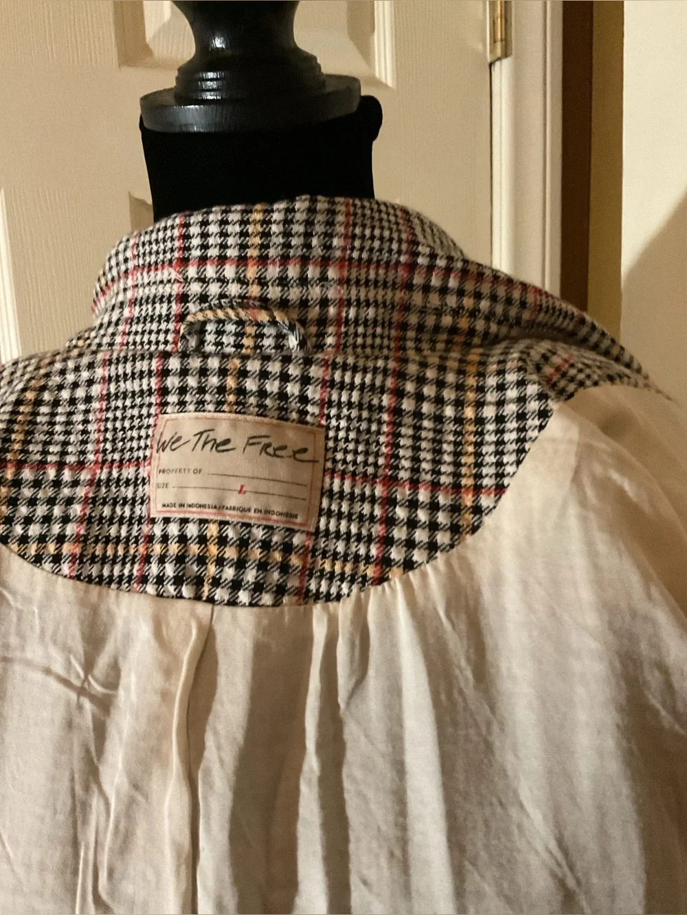 Free People Cream Blazer with Black Plaid Yoke and Red Accents size Large